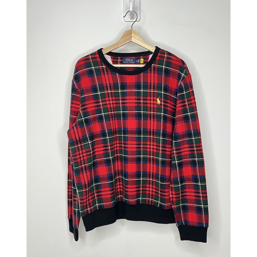 Polo Ralph Lauren Tartan Plaid Crewneck Large Fleece Buffalo Check Preppy Casual
